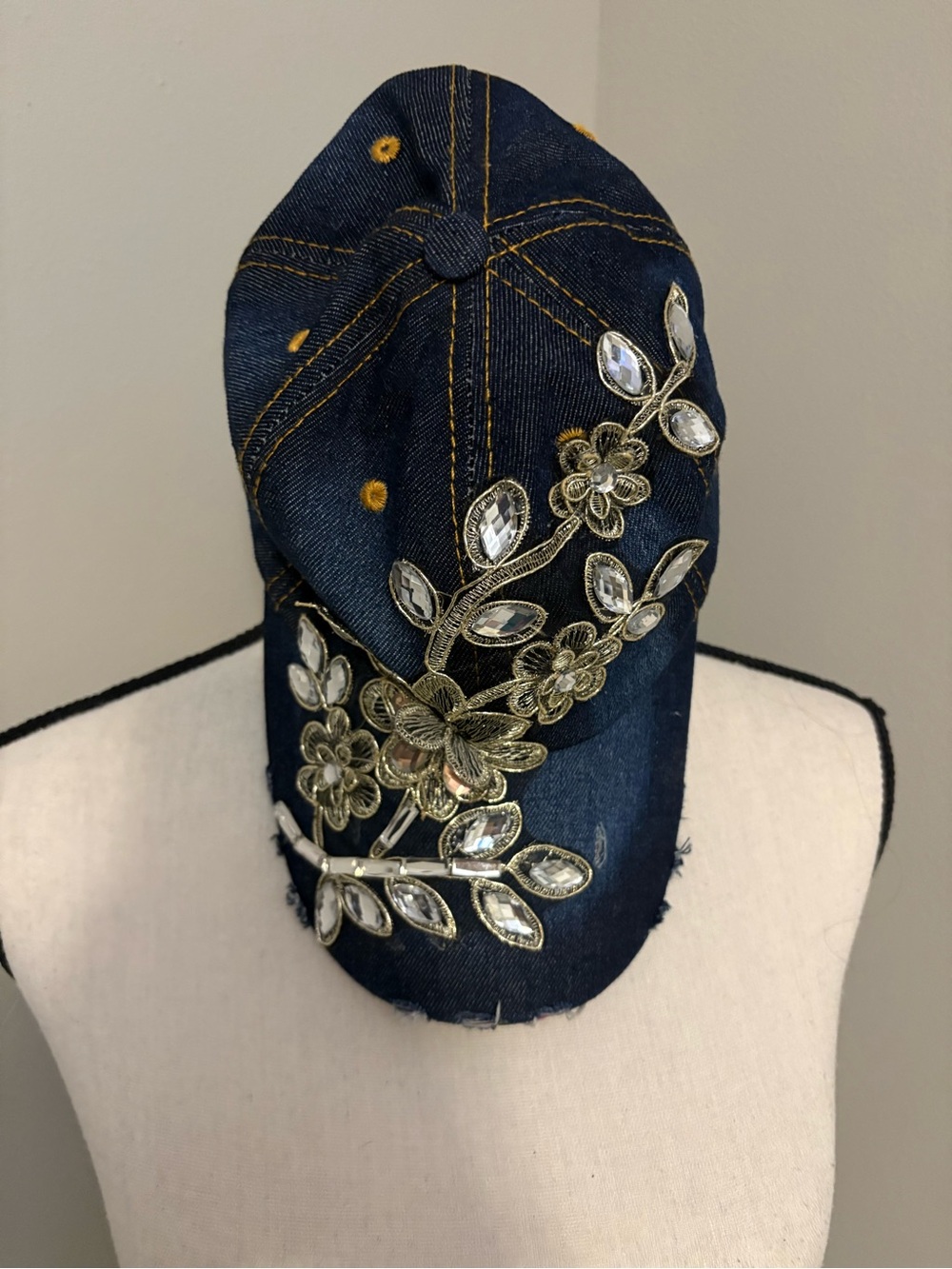 Distressed Denim Cap with Gold Floral Crystal Applique